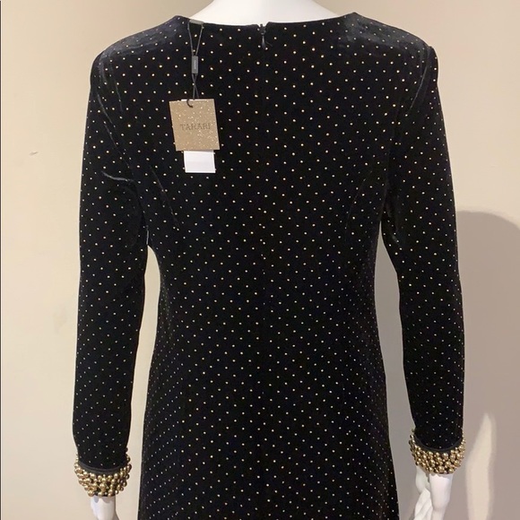 NWT Tahari Black Velvet Long Sleeve Dress Gold 6 - Picture 5 of 8